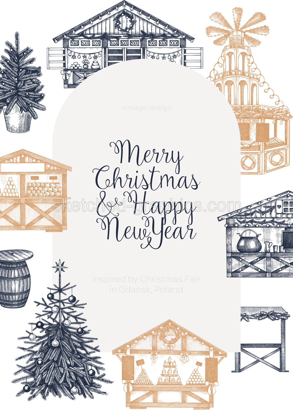 Christmas market frame design. Traditional European Christmas market with souvenir stalls, Christmas tree, candy shops sketches. Winter holidays invitation or greeting card template. Illustration